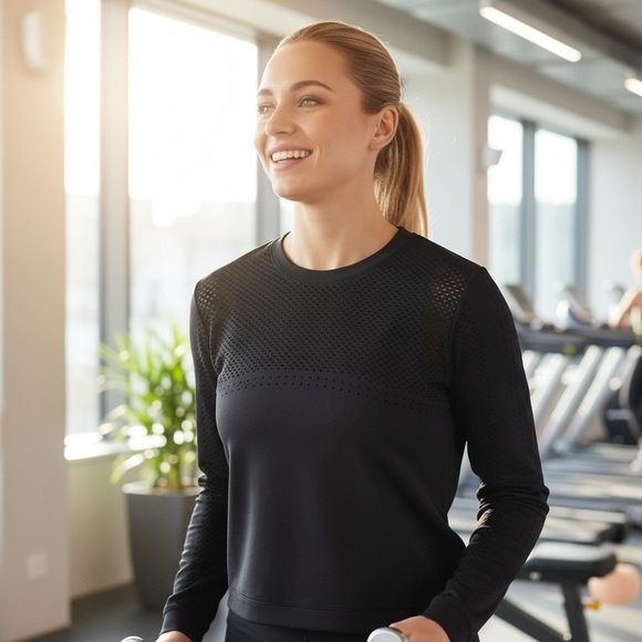 New Varley Black Long Sleeve Workout Top Activewear Yoga Running Gym Shirt S/M - Picture 2 of 7